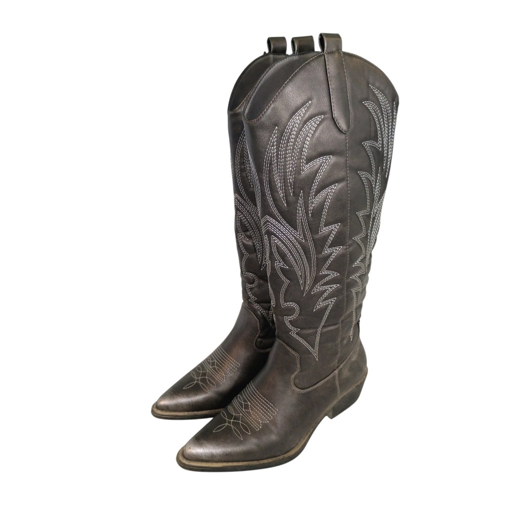 Global Win Womens Pewter Metallic Western Cowboy‎ Boots Pointed Toe Faux Size 9